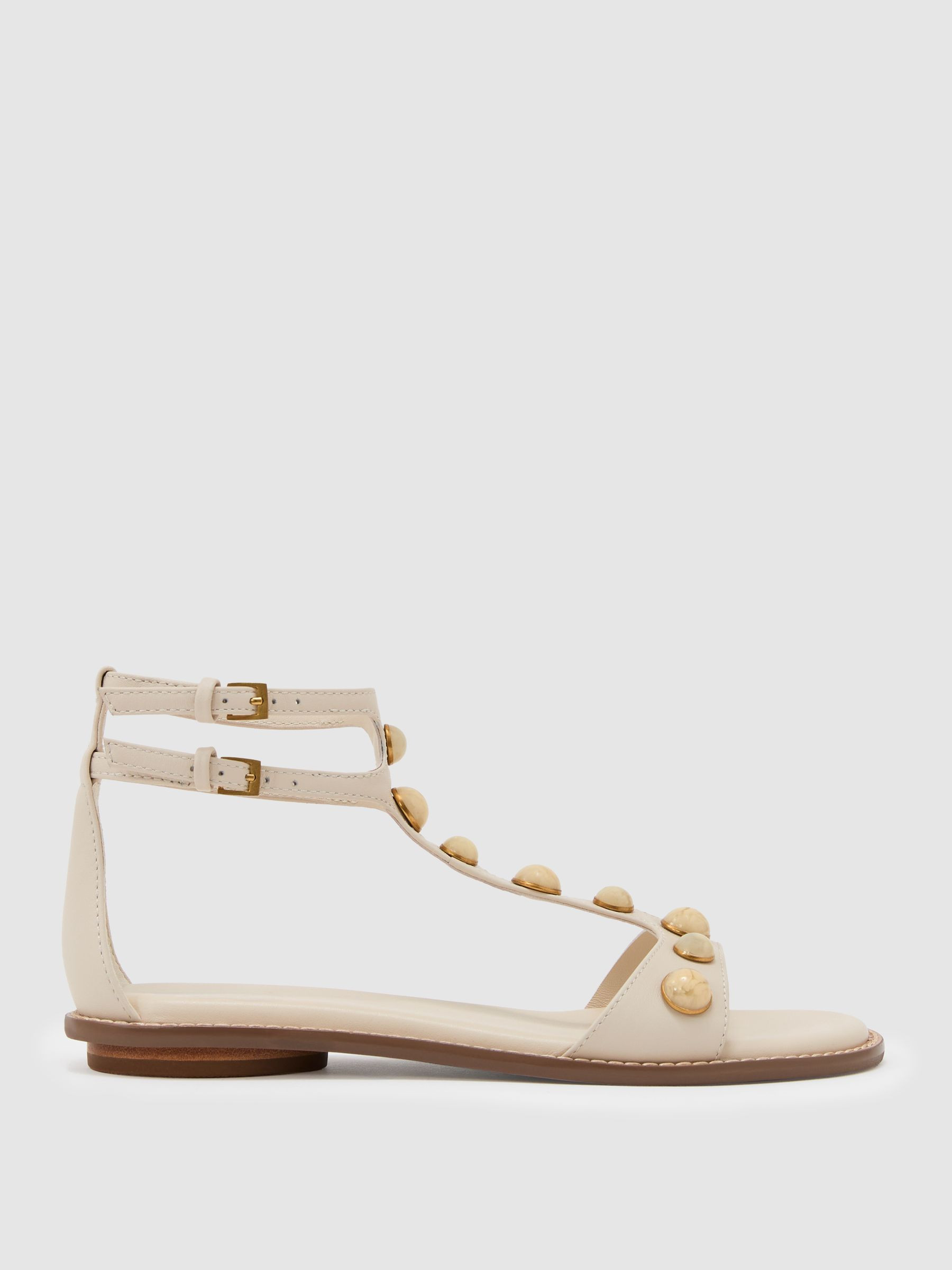 Leather Studded Flat Sandals in Off White | Reiss UK