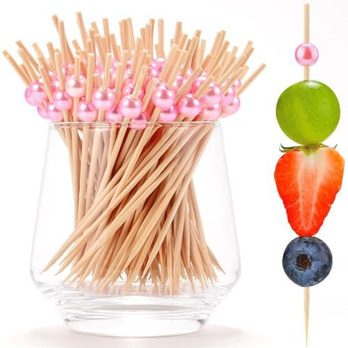 200 PCS Pink Cocktail Toothpicks for Appetizers, Natural Bamboo Coctail Skewers Sticks, Pearl Dec... | Amazon (US)