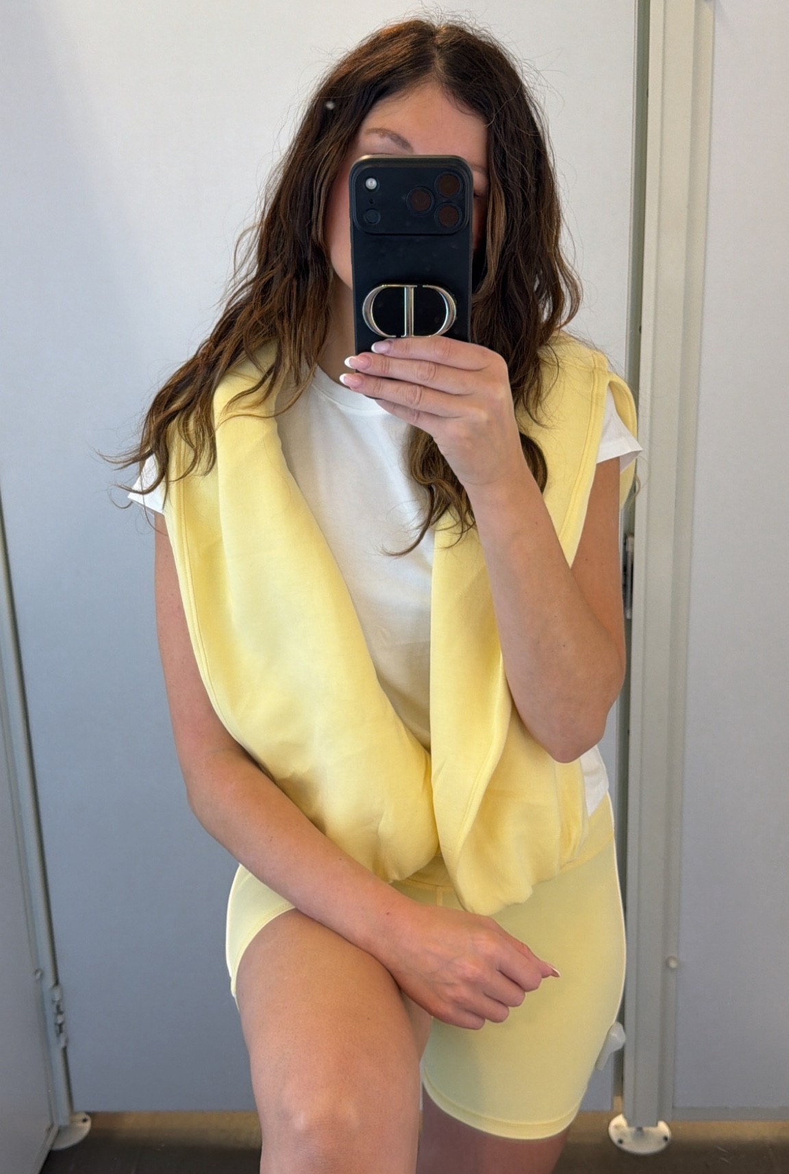 Old Navy is having a really good sale. Everything is so affordable. I love these yellow biker shorts, with this sweatshirt. White T-shirt, runs true to size, active, lounge, comfortable, outfit idea, ideas.

#LTKSaleAlert #LTKootd