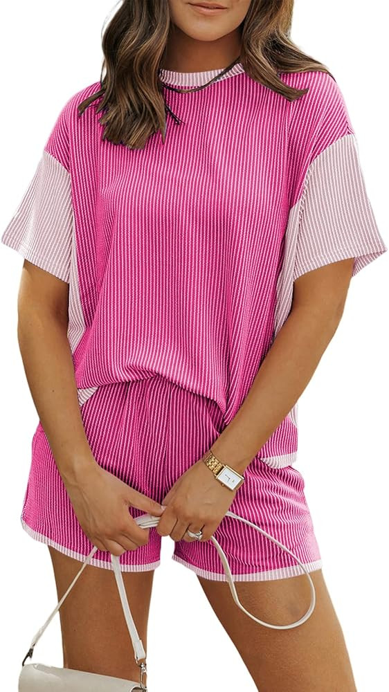 MARZXIN Women 2 Piece Shorts Set 2026 Casual Summer Cruise Outfits Ribbed Loose Short Sleeve Pock... | Amazon (US)