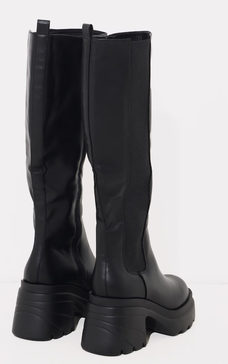 Black PU Chunky Chelsea Heeled Knee Boots | PrettyLittleThing US