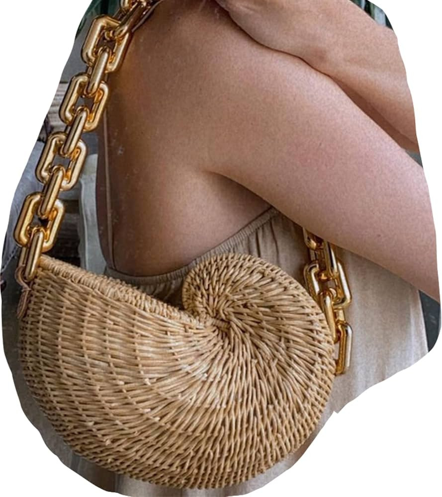 FURINFASHION FEI-1 Straw Woven Bag For Women With Qualited Metal One Shoulder Chain Shell Shaped ... | Amazon (US)