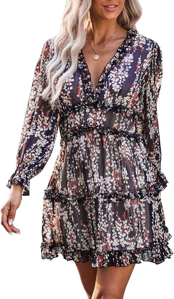 Happy Sailed Womens Spring Summer Long Sleeve Dress 2023 Deep V Neck Ruffle Layer Swing Mini Dres... | Amazon (US)