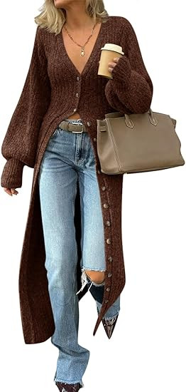 Saodimallsu Womens Long Cardigans V Neck Button Down Chunky Knit Dusters Sweater Coat Fall Trendy... | Amazon (US)
