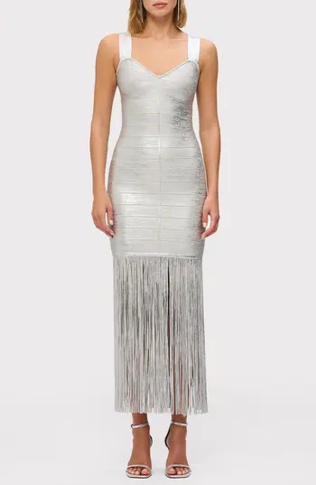 Herve Leger The Metallic Alba Fringe Gown in Silver Foil at Nordstrom Rack, Size X-Small | Nordstrom Rack