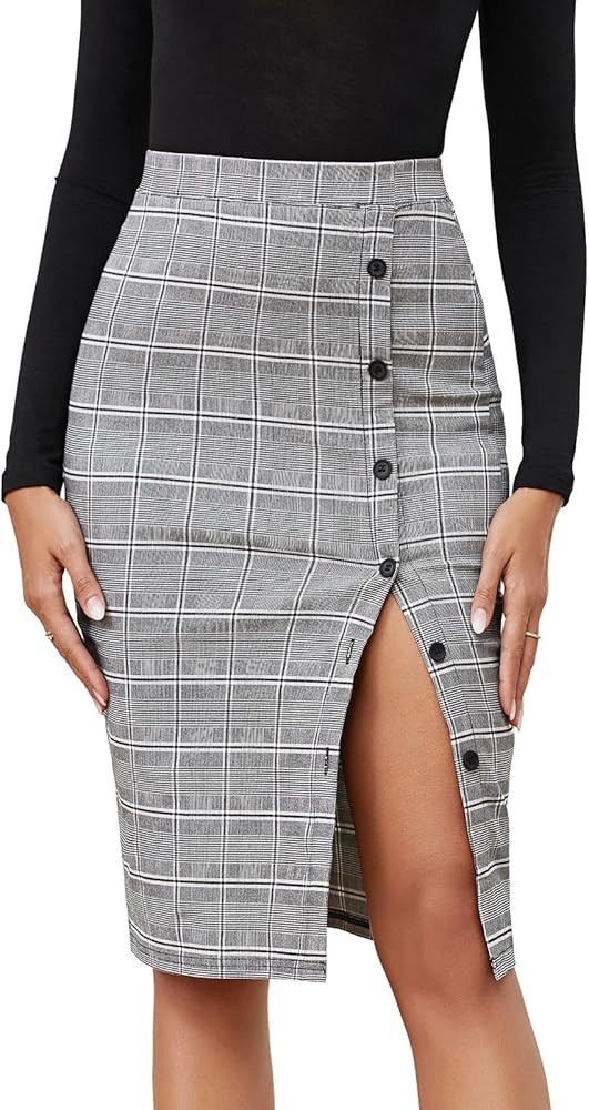 Byinns Womens Plaid Pencil Skirt Elastic High Waist Button Stretchy Bodycon Business Midi Skirt w... | Amazon (US)