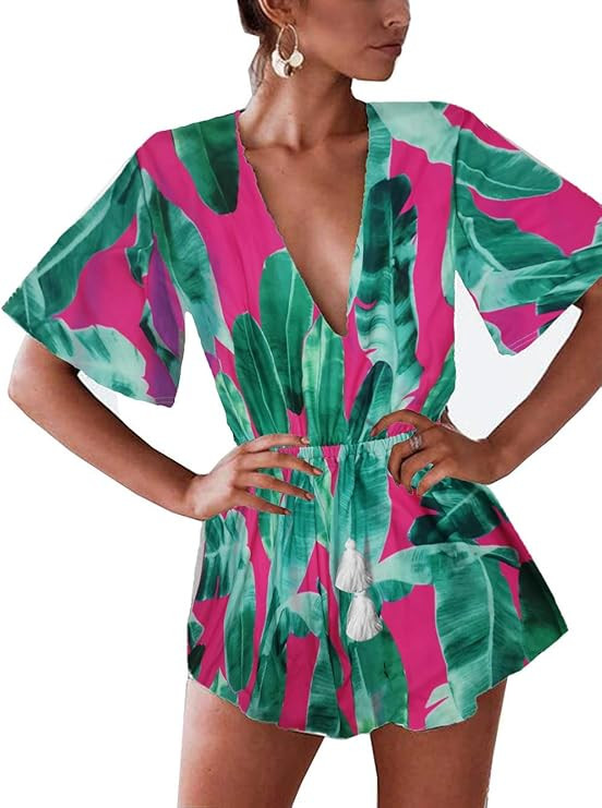Famulily Women's Plunge V Neck Romper Printed Summer Beach Shorts Jumpsuits Playsuit | Amazon (US)