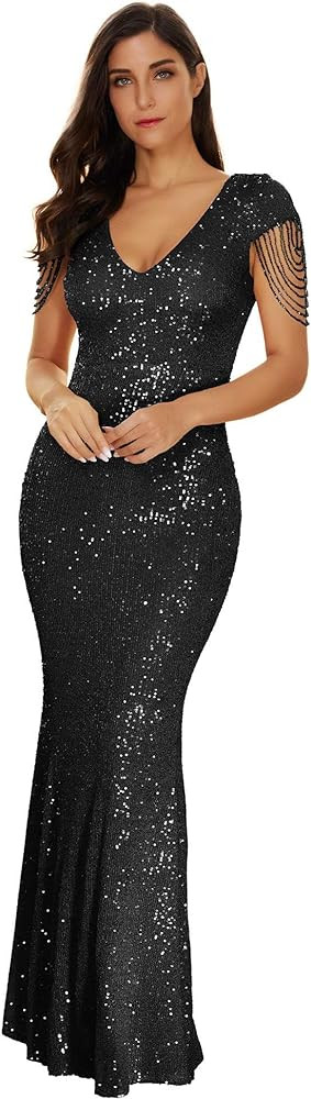 Women's V Neck Sequin Formal Evening Dress Tassel Bead Sleeve Mermaid Long Gown 1920S Party Maxi ... | Amazon (US)