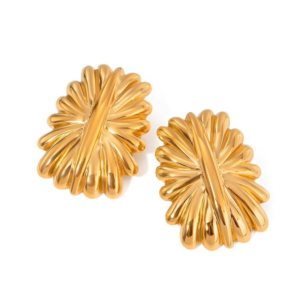 Chunky Gold Seashell Stud Earrings for Women – Fashion Statement Textured Drop Earrings, Bold V... | Amazon (US)