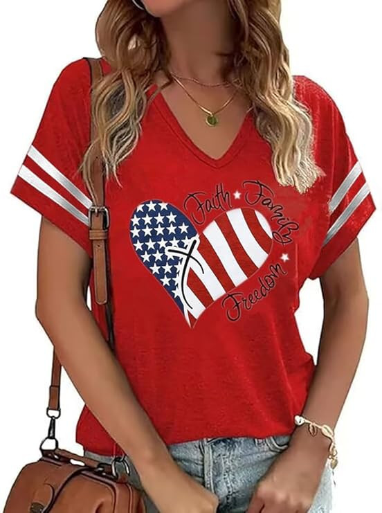 American Flag Shirts Women 4th of July V-Neck Short Sleeve Patriotic T-Shirt Memorial Day Graphic... | Amazon (US)