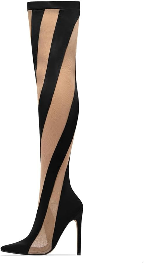FSJ Women Sexy Pointed Toe Thigh High Boots Ladies Elastic Mesh Multicolor Over the Knee Boots St... | Amazon (US)
