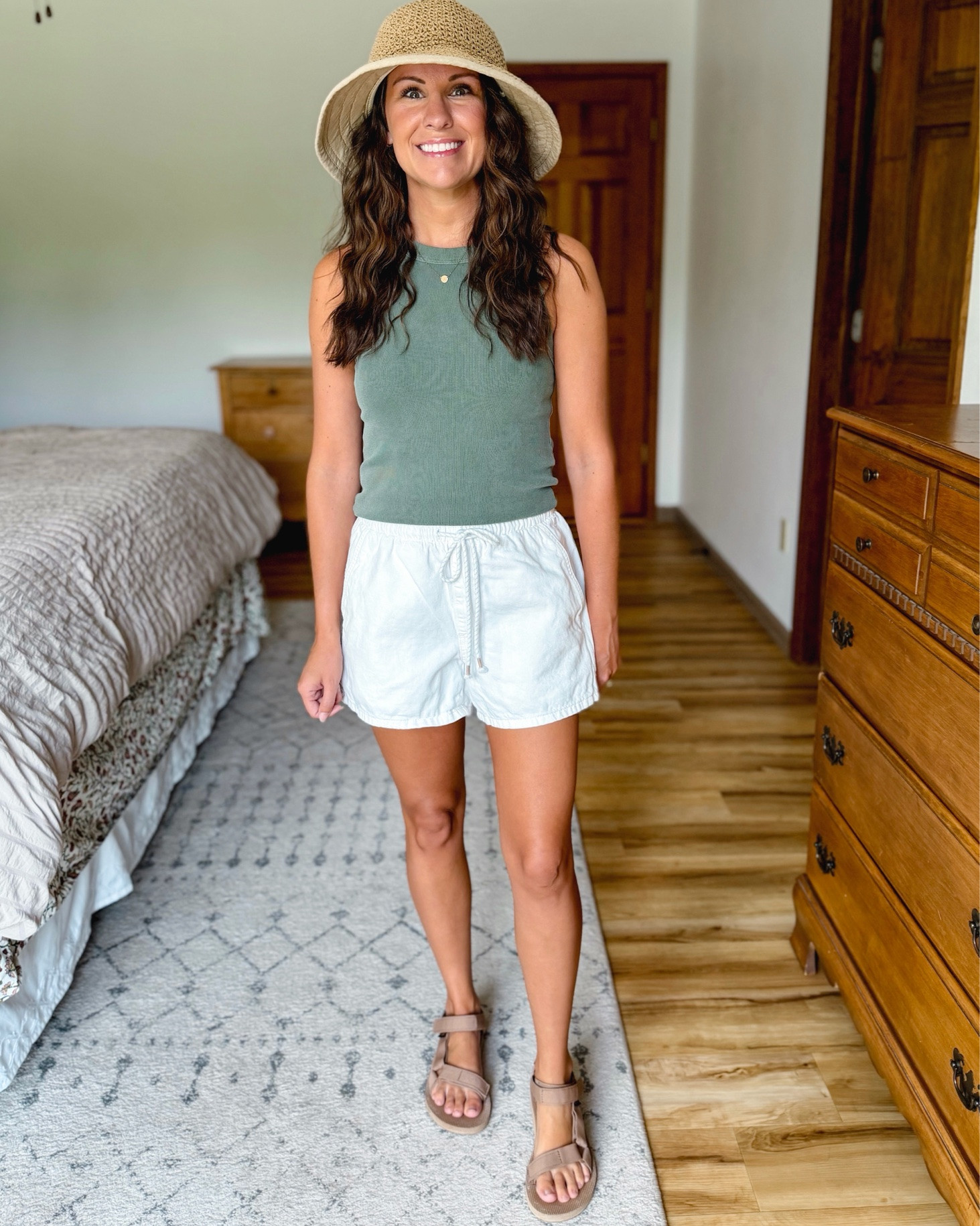 WHITE SHORTS 6 WAYS
wearing xs in these white cotton/linen blend shorts. Loose and comfy and cute🤍🙌🏽 (they also come in a blue denim)

Outfit 1: green tank is size small (I own like 6 colors), Teva sandals are size 6. Love this cute sun hat (rolls up and packs so nice too) 

Outfit 2: size small in my black tank, and 6 in my Reef sandals. I made my necklace so I linked similar.

Outfit 3: small in my brown gauze cotton long sleeve top, 6 in my Taos sandals (so comfy). 

Outfit 4:  small petite in my denim tank (mine is last year-linked this year’s versions). My Birkenstock mayari sandals are size 36. 

Outfit 5: small in my green blouse top (I also own orange). 

Outfit 6: small in my cotton flag sweater (100% cotton and a nice cropped length). My suede Birkenstock sandals are size 36.

#LTKPetite #LTKmomlife #LTKgrwm