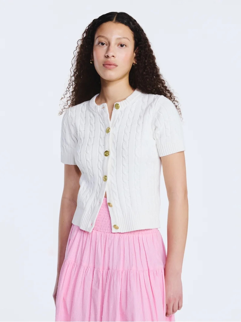 Free Assembly Women's and Women's Plus Cable Knit Cardigan Sweater with Short Sleeves, Lightweigh... | Walmart (US)