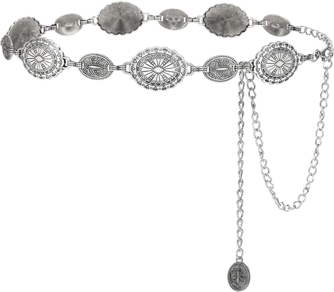 LEACOOLKEY Women Turquoise Concho Chain Waist Belt Silver Western Cowgirl Metal Chain Belt for Dr... | Amazon (US)