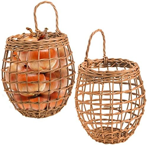 Elsjoy Set of 2 Hanging Onion Basket, Wall Mount Small Wicker Baskets for Food Storage, Woven Rat... | Amazon (US)
