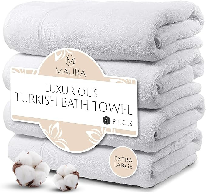 MAURA White Extra Large Turkish Cotton Luxury Bath Towels Set of 4. Ultra-Soft, Thick & Plush Tow... | Amazon (US)