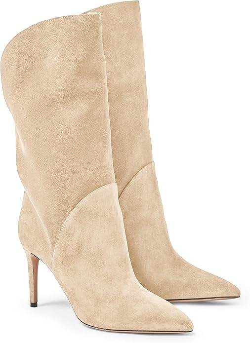 Coutgo Womens Mid Calf Boots Stiletto High Heel Pointed Toe Boots Pull On Suede Winter Dress Shoe... | Amazon (US)