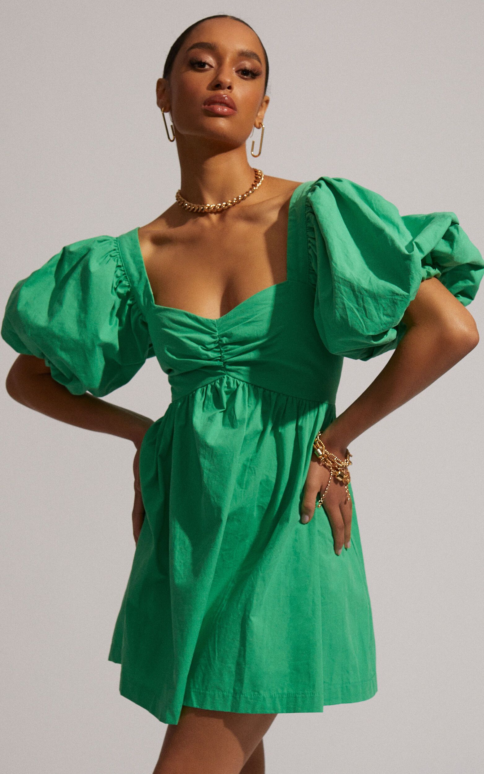 Vashti Mini Dress - Puff Sleeve Sweetheart Dress in Green | Showpo (US, UK & Europe)