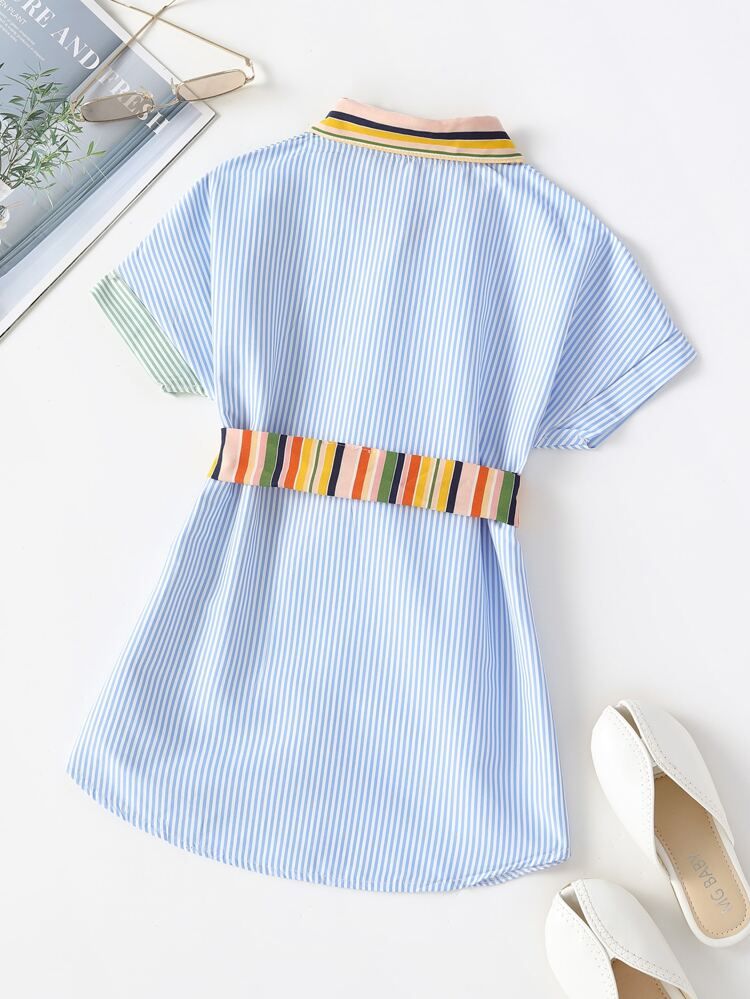 Toddler Girls Colorblock Striped Pocket Patched Belted Shirt Dress | SHEIN