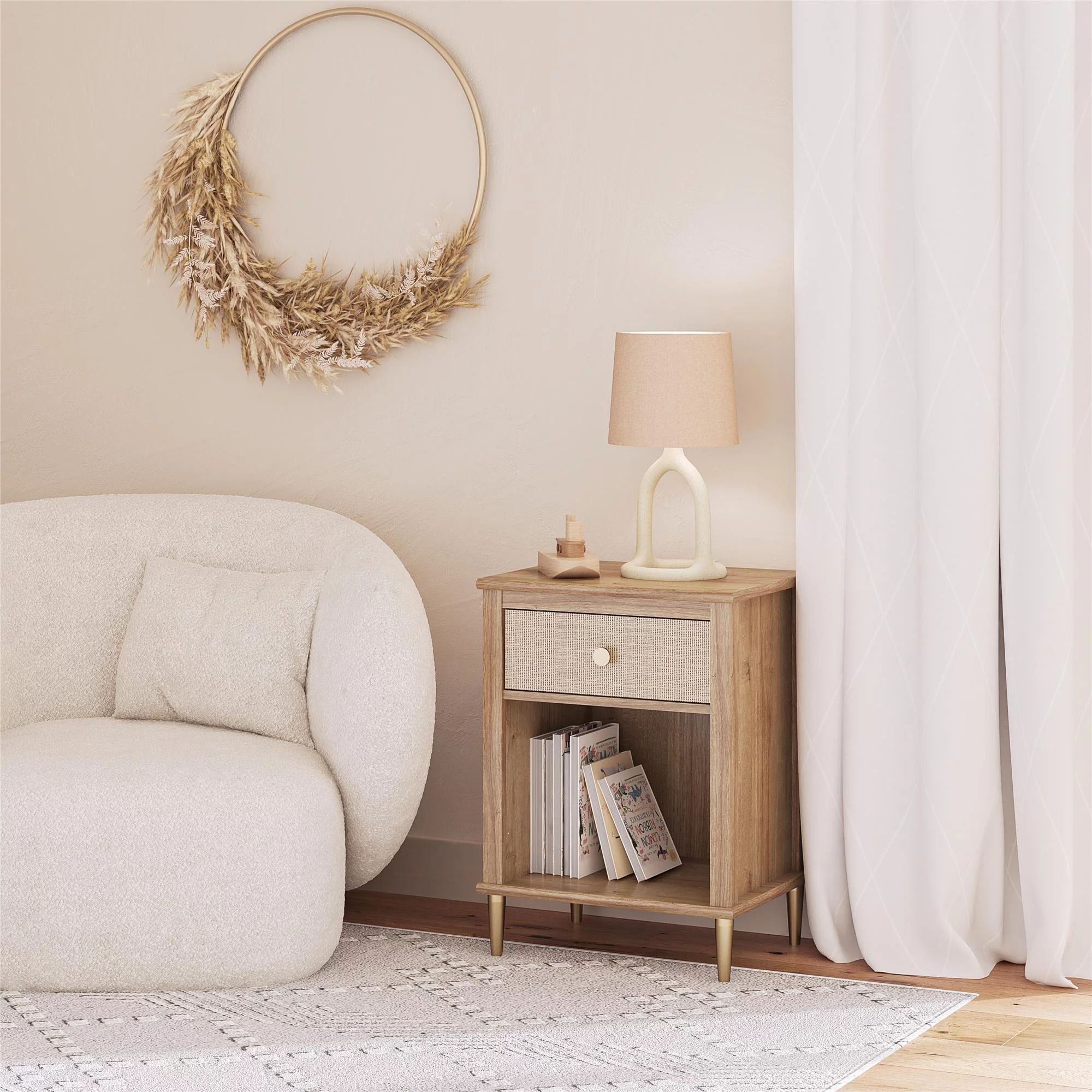 Little Seeds Shiloh Nightstand with Drawer and Lower Shelf, Natural and Rattan - Walmart.com | Walmart (US)