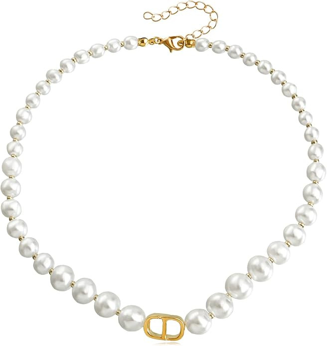 Pearl Choker Letter Necklace for Women, 18K Gold Plated Initial Pendant with Faux Pearls, Dainty ... | Amazon (US)