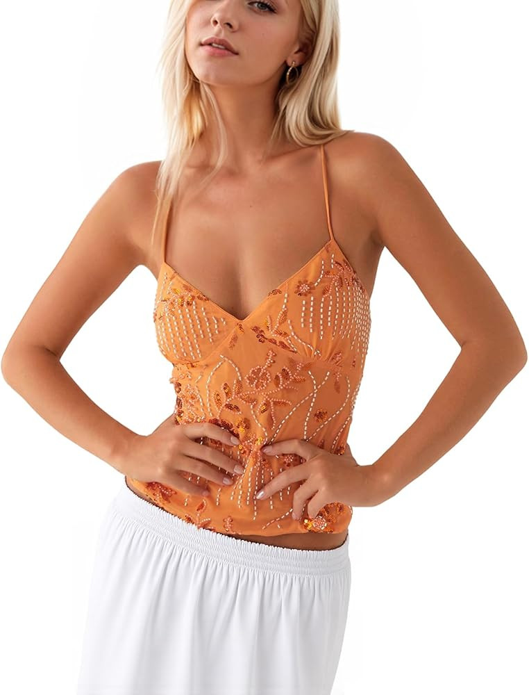 Women Sequin Cami Top Rhinestone Sparkle Sleeveless V Neck Camisole Open Back Summer Crop Top Par... | Amazon (US)