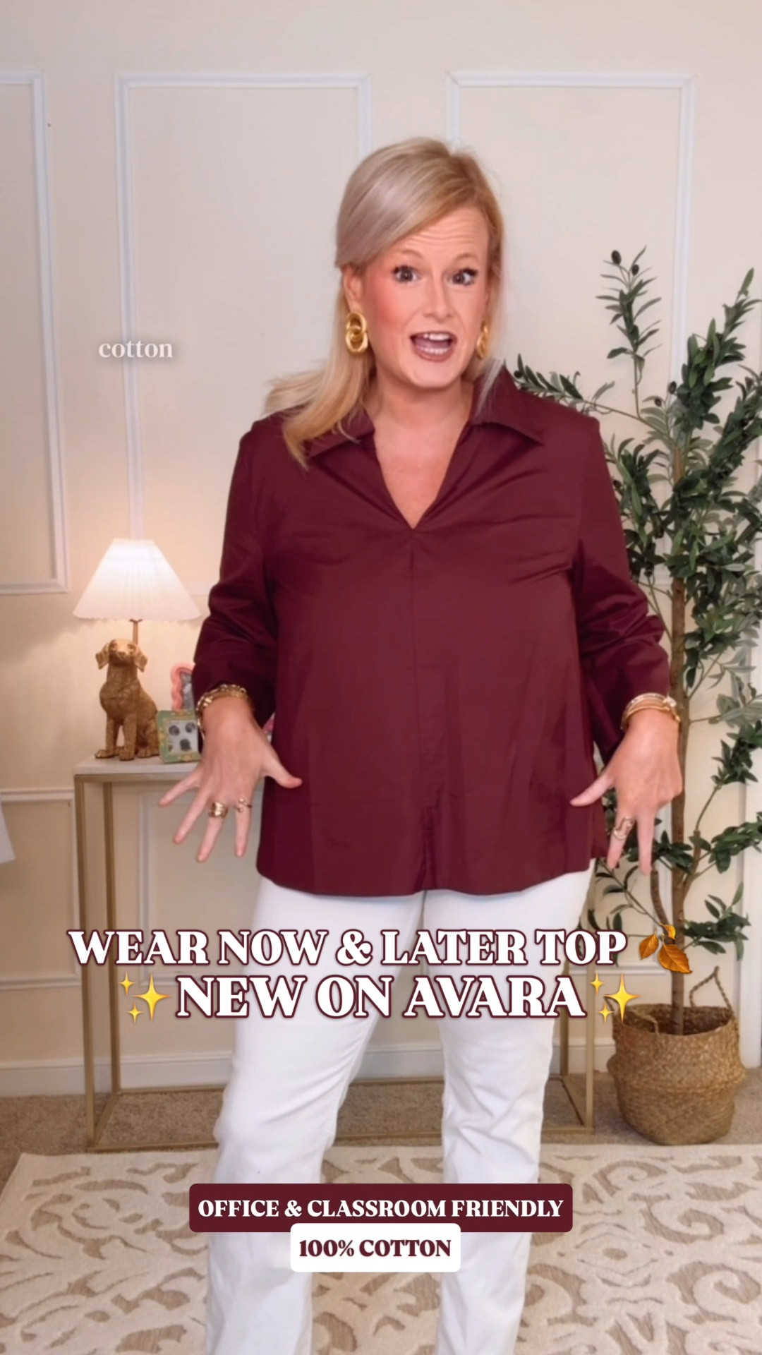 Avara fall top | Tuckernuck look for less | 100% cotton blouse | teacher outfit | fall work outfit

This new Avara exclusive is the wear now and later top I want for August through fall. The plum maroon color brings in that rich burgundy fall palette while lightweight 100% cotton keeps it comfortable before the temperature catches up with the season.

The Tuckernuck connection comes through in the spread collar, split V neckline, popover construction, relaxed swing silhouette and polished three quarter sleeves. Those details bring the same preppy, pulled together outfit energy for less.

I’m in a large for a relaxed, easy fit. It is hip length with room through the body, so it works loose with slim pants or tucked slightly into trousers and skirts.

Wear it now with white jeans and flats, then move it into fall with dark wash denim and loafers, tailored pants, midi skirts, cardigans or jackets. It covers teacher outfits, casual work outfits, business casual workwear, office outfits, church, dinner, school events and weekends. The cotton fabric and transitional color work beautifully for warm classrooms, office AC and early fall days.

Avara new arrivals, Avara top, burgundy blouse women, maroon top women, plum blouse, split neck blouse, collared blouse women, 100 cotton top women, cotton work blouse, popover top women, relaxed fit blouse, swing top women, teacher outfits women, work outfits women, business casual outfits, office outfits women, early fall outfit, transitional fall outfit, fall outfits women, fall outfits over 40, preppy fall style, Tuckernuck look for less, designer look for less @Avara 

#LTKFindsUnder50 #WorkOutfit #OfficeOutfit #TeacherOutfits #WorkTops #TeacherOutfit #BackToSchoolOutfits #LookForLess  #PreppyStyle #LookForLess

#LTKWorkwear #LTKSeasonal #LTKOver40