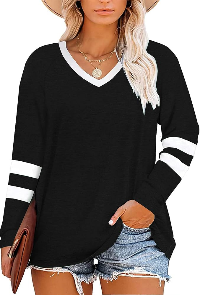 Haloumoning Women's Plus Size Tops Striped Long Sleeve V neck T Shirts Color Block Casual Tunics ... | Amazon (US)