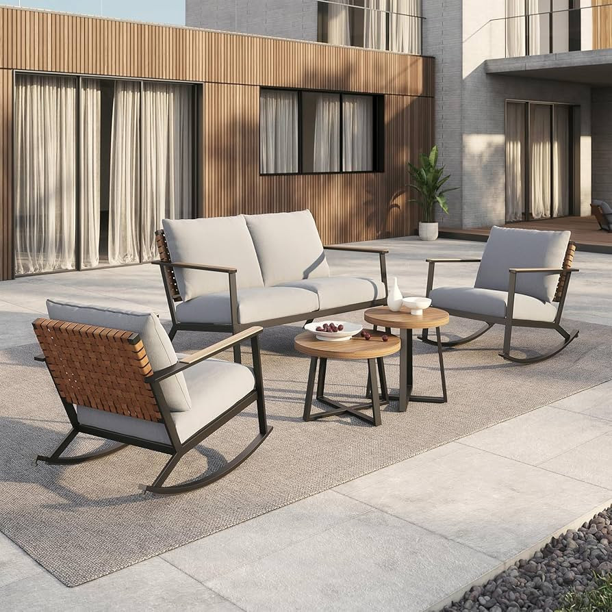 Grand patio Outdoor Rocking Chairs, 5-Piece Leather-Look Patio Bistro Set Outdoor Furniture Conve... | Amazon (US)