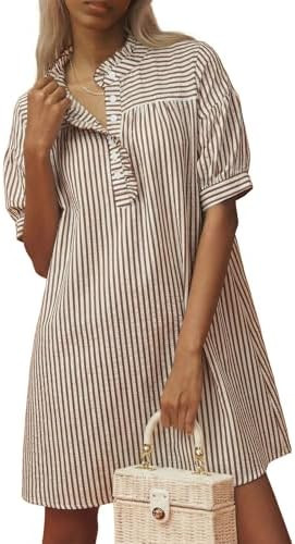 BLENCOT Womens Button Down Shirt Dresses Casual Striped Cotton Stand Collar Ruffle Puff Sleeve Su... | Amazon (US)