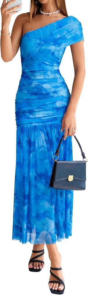 Simplee Womens One Shoulder Floral Maxi Dress Summer Sleeveless Ruched Elegant Bodycon Mesh Weddi... | Amazon (US)
