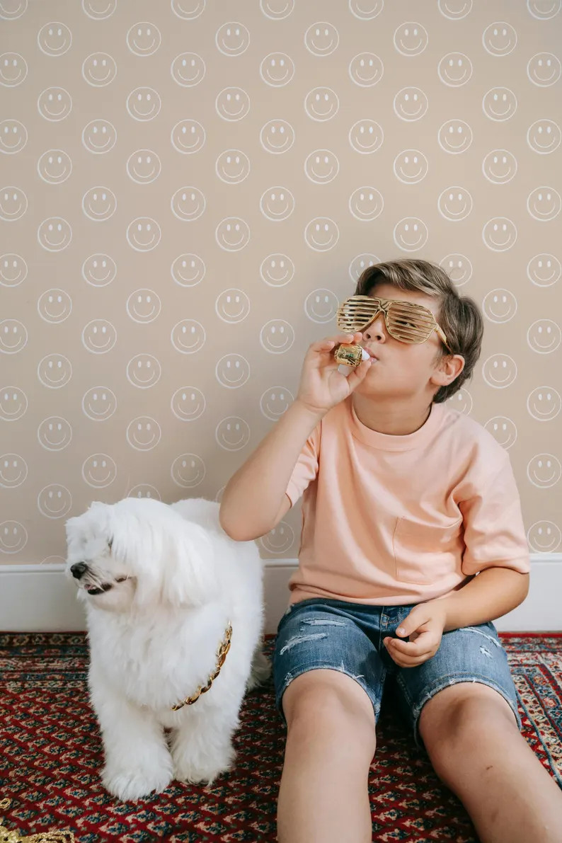 Neutral Happy Face Wallpaper Peel and Stick or Traditional, Beige Smile Face Wall Mural for Nurse... | Etsy (US)