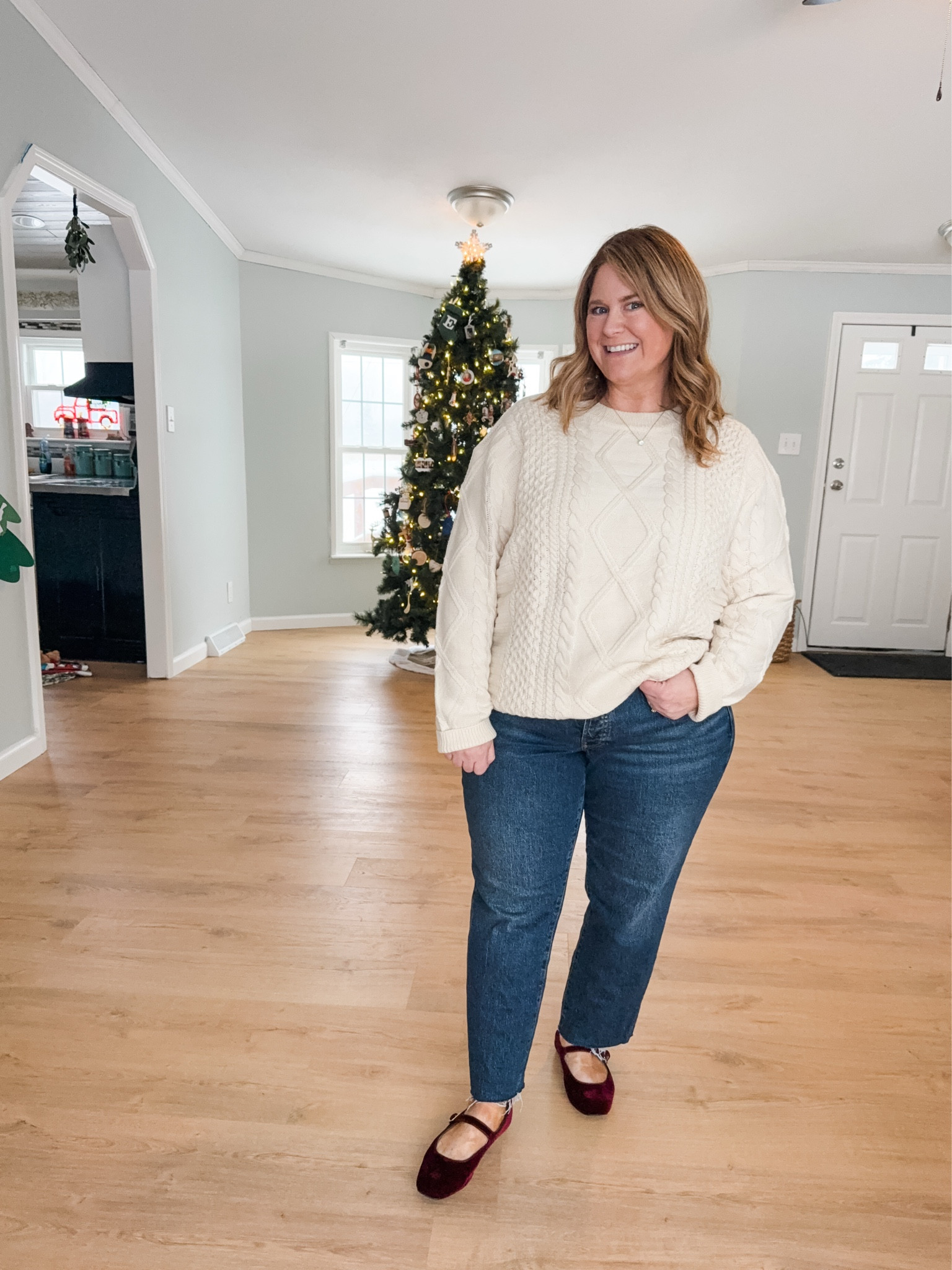 Love these velvet flats for the holidays! Wearing an XL in my cable knit sweater and a 14 petite in my jeans 

#LTKFindsUnder50 #LTKPetite #LTKMidsize