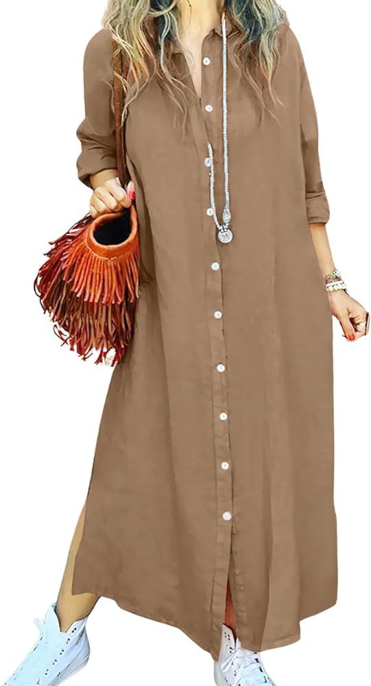 chouyatou Women's Spring Summer Cotton Linen Shirt Dress Button Down Side Slit Maxi Shift Dress | Amazon (US)