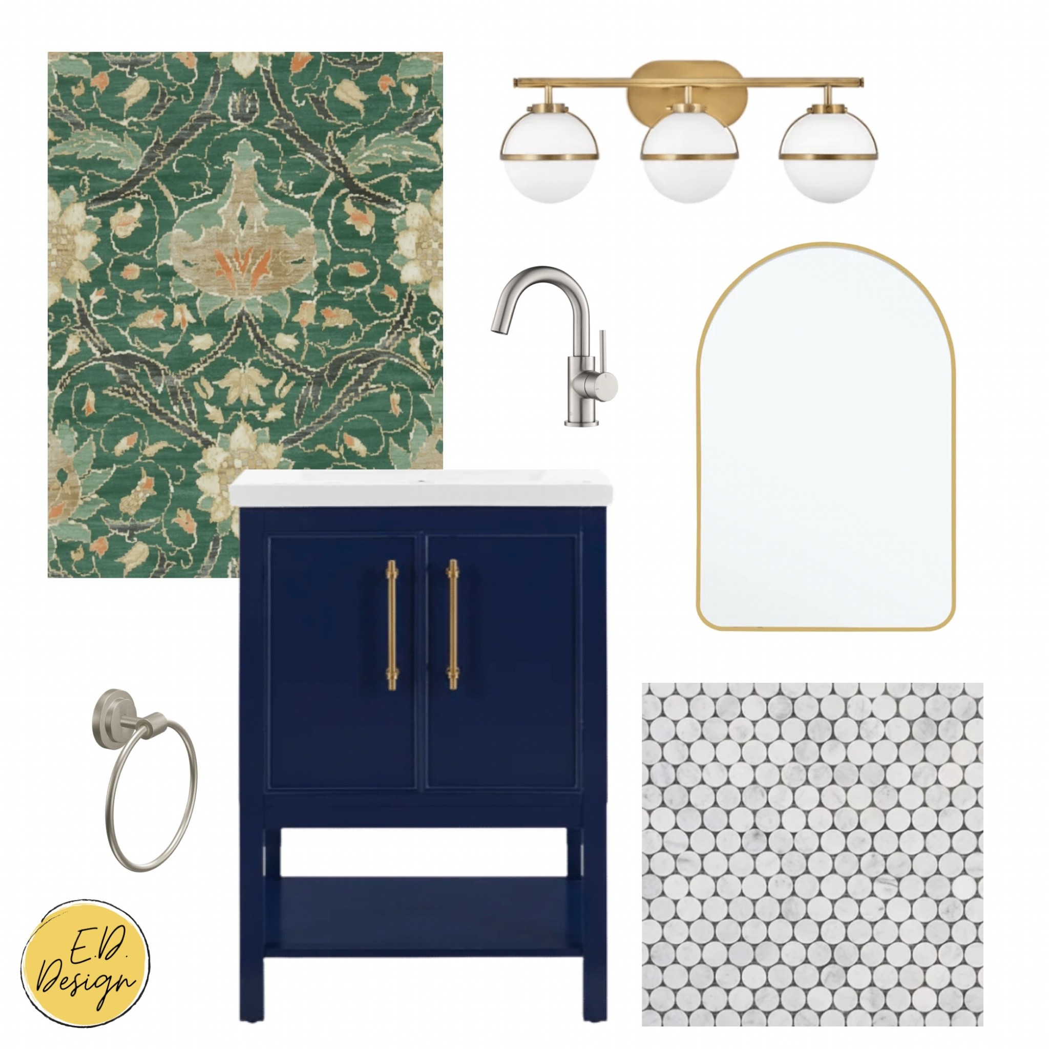 Wayday, Wayfair, powder room, blue vanity, green wallpaper, gold vanity light, vanity mirror, gold, penny round, towel holder, brass accent 

#LTKsalealert #LTKhome