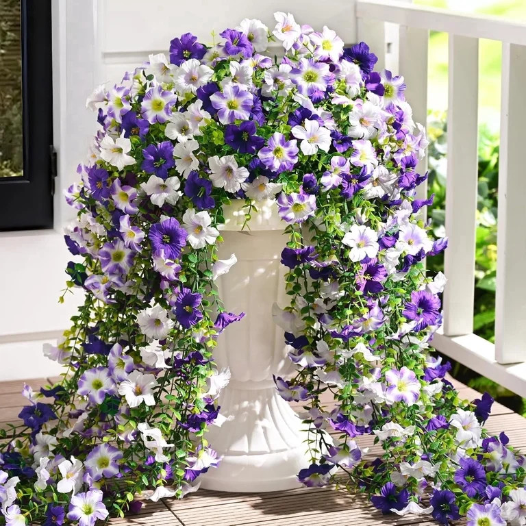 Lyacmy 4 Pcs Artificial Hanging Flowers for Outdoor Spring Decor, White Purple UV Resistant Fake ... | Walmart (US)