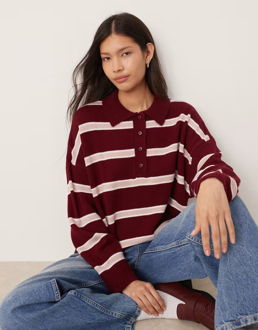 ASOS Design - Gebreide polo met strepen in bordeauxrood | ASOS (Global)
