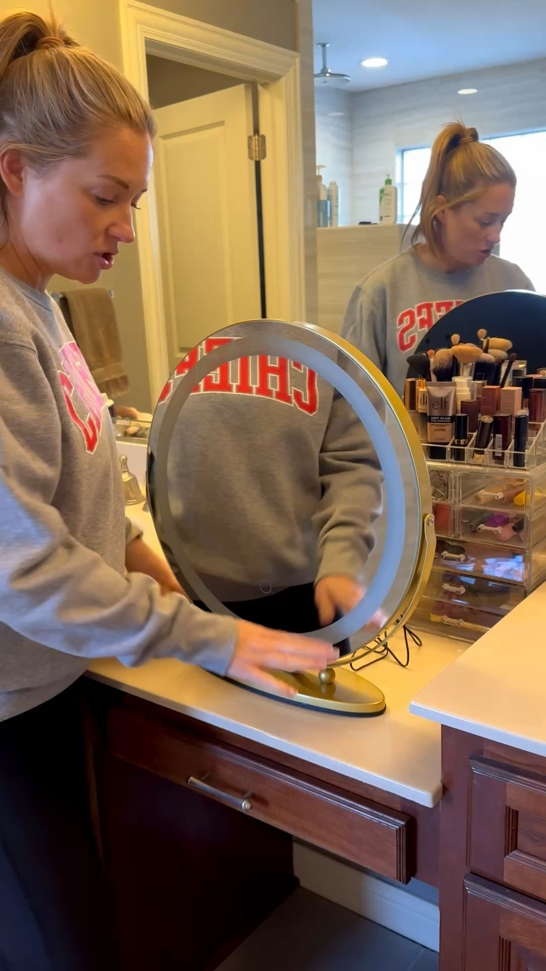 I love this oversized round vanity mirror! It has 3 different light settings, plus-in style and can stick to the counter. Love the extra brightness! 
@Wayfair 

#LTKHome #LTKmomlife #LTKselfcare