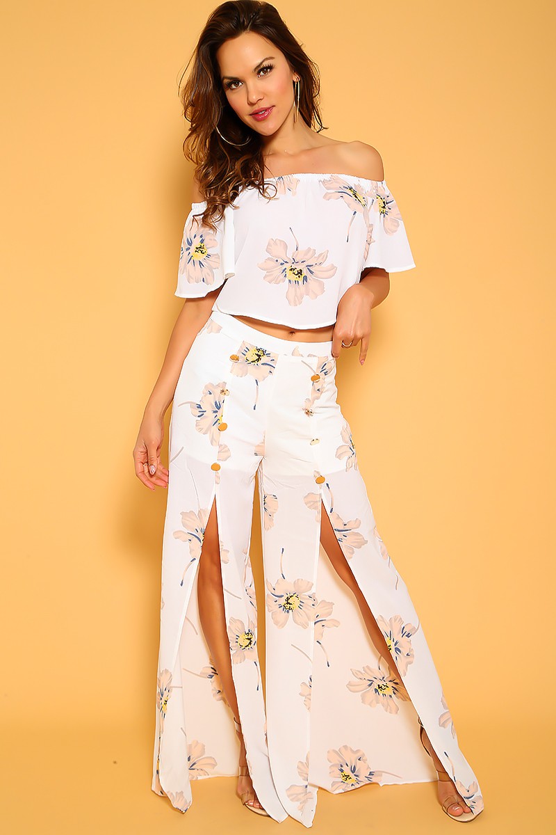 Sexy White Peach Off The Shoulder High Slit Two Piece Jumpsuit | Ami Club Wear