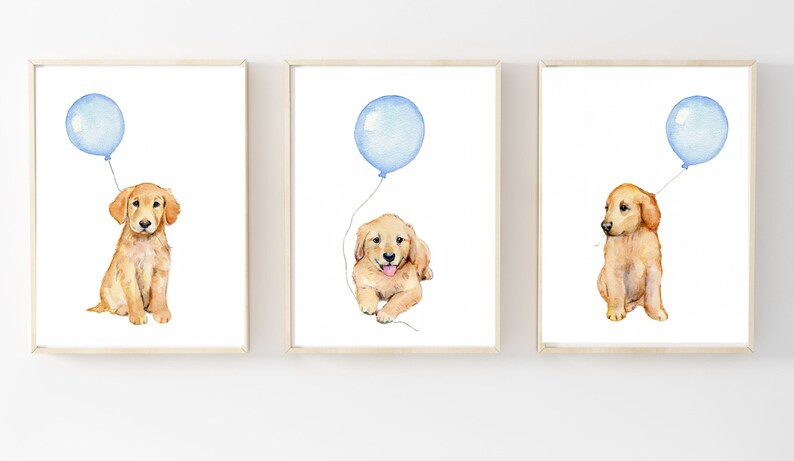 Puppy Dog Nursery Art, Golden Retriever Prints, Pastel Blue Boys Room Decor, Golden Retriever Art... | Etsy (US)