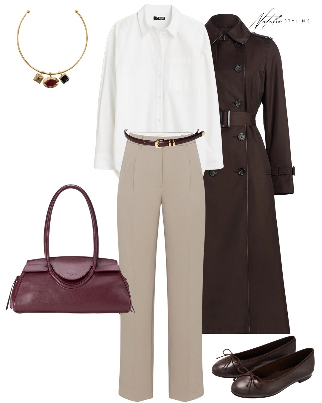 
A timeless, polished workwear look built on elevated neutrals and classic tailoring. Crisp ivory meets soft beige trousers for a clean, sophisticated base, layered with a rich chocolate brown trench coat that instantly adds depth and structure. Thoughtful accessories in warm burgundy and gold bring the look together, creating a refined, feminine office outfit that feels confident yet effortless. Finished with tailored trousers, classic flats, and a structured top-handle bag, this outfit is perfect for workdays, meetings, business travel, or city office style. A chic, professional wardrobe staple look for fall and winter that balances practicality with timeless elegance and quiet luxury.

#LTKWorkwear #LTKSeasonal #LTKootd