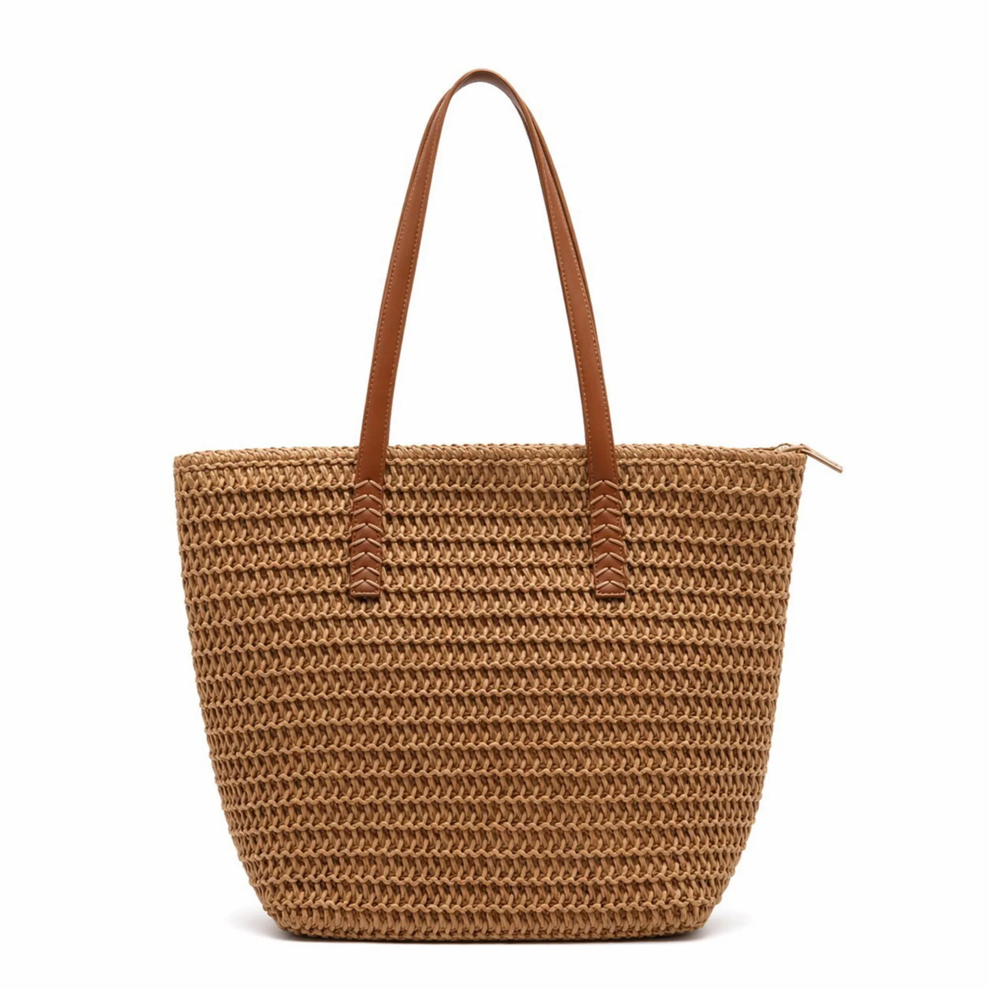 Woven Straw Tote Bag with Leather Shoulder Straps Lightweight Crochet Knit Large Capacity Bag | Kohl's