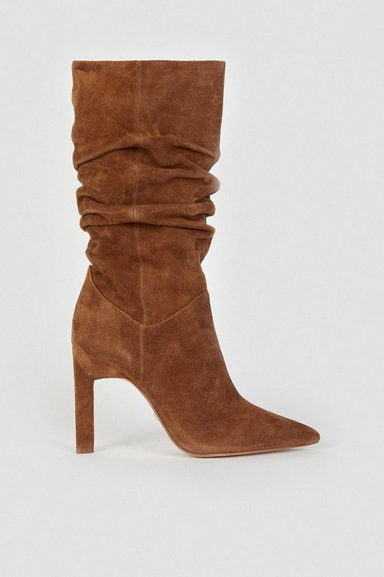 Suede Mid Calf Slouch Heeled Boot | Karen Millen UK + IE + DE + NL