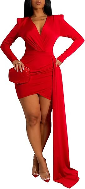 HugeNice Women's Sexy Deep V Neck Bodycon Mini Dresses Casual Long Sleeve Wrap Club Cocktail Part... | Amazon (US)