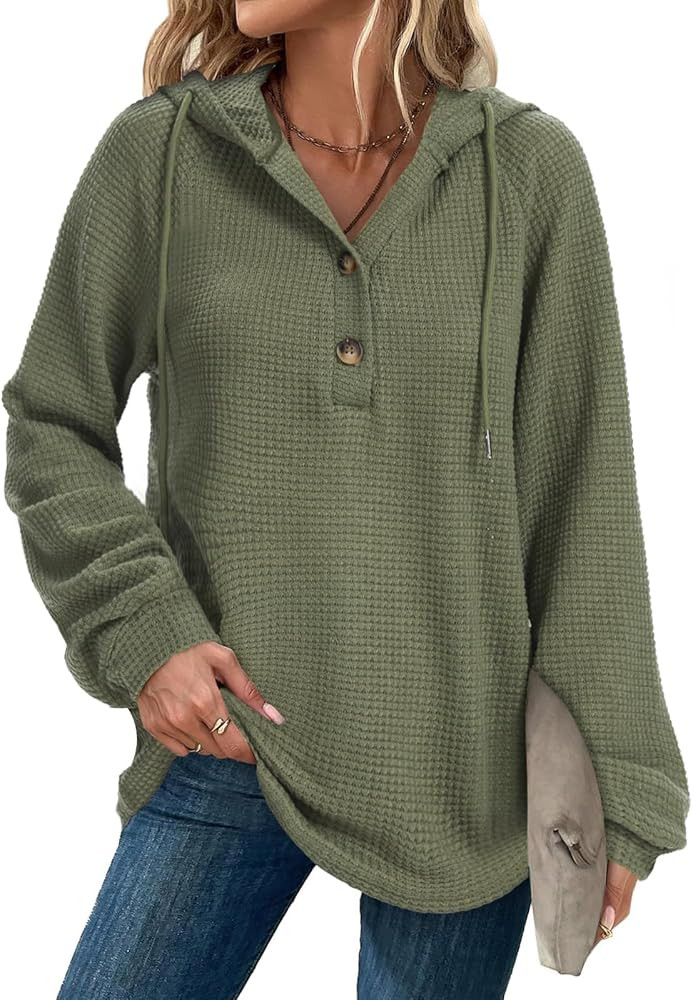Hoodies Sweatshirt for Women Waffle Long Sleeve Oversized Sweaters Drawstring Button V Neck Casua... | Amazon (US)