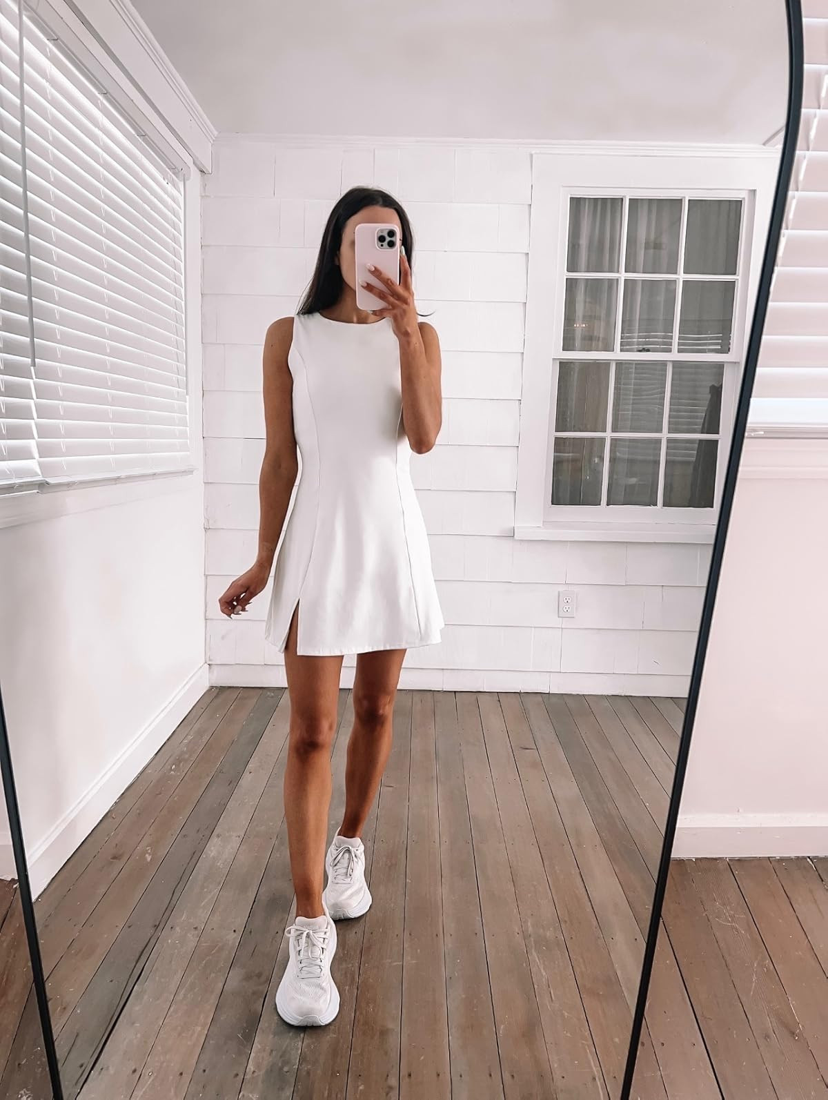 Dress in S, has built in shorts! sneakers true to size. White athletic dress/hoka sneakers/casual summer outfit
 

 #LTKSeasonal #LTKPetite #LTKFindsUnder50