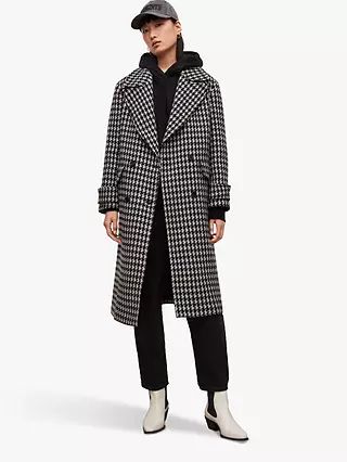 AllSaints Monike Oversized Houndstooth Coat, Black/White | John Lewis (UK)