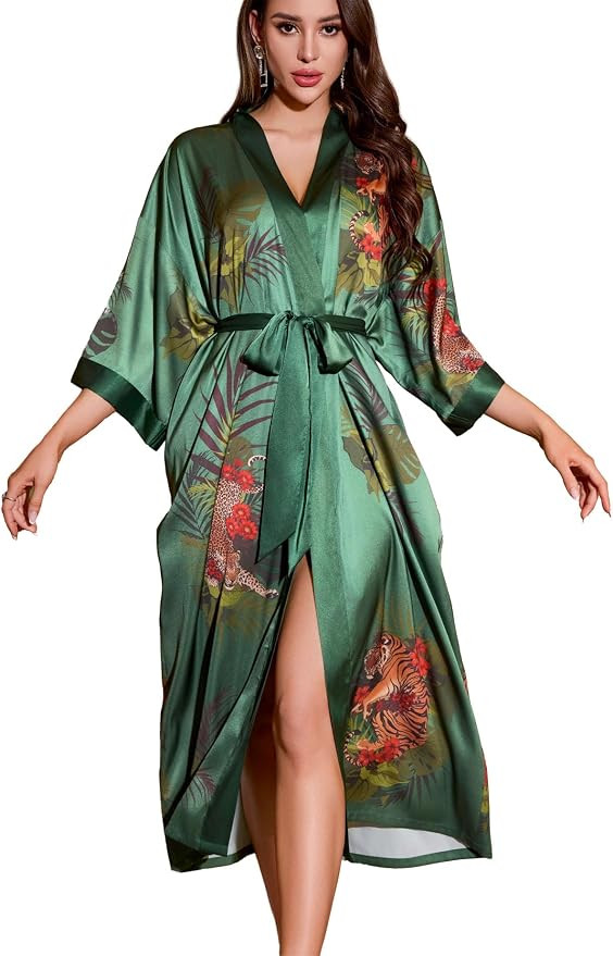 Satin Long Robe for Women Silk Kimono Robe Floral Lightweight Bathrobe Soft Thin Ladies Luxury Ho... | Amazon (US)