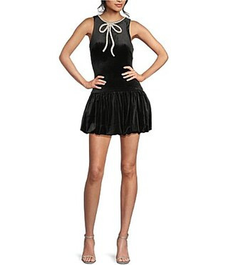 Allison Kelly Faux Pearl Embellished Bow Velvet Drop Waist Bubble Dress - M | Dillard's