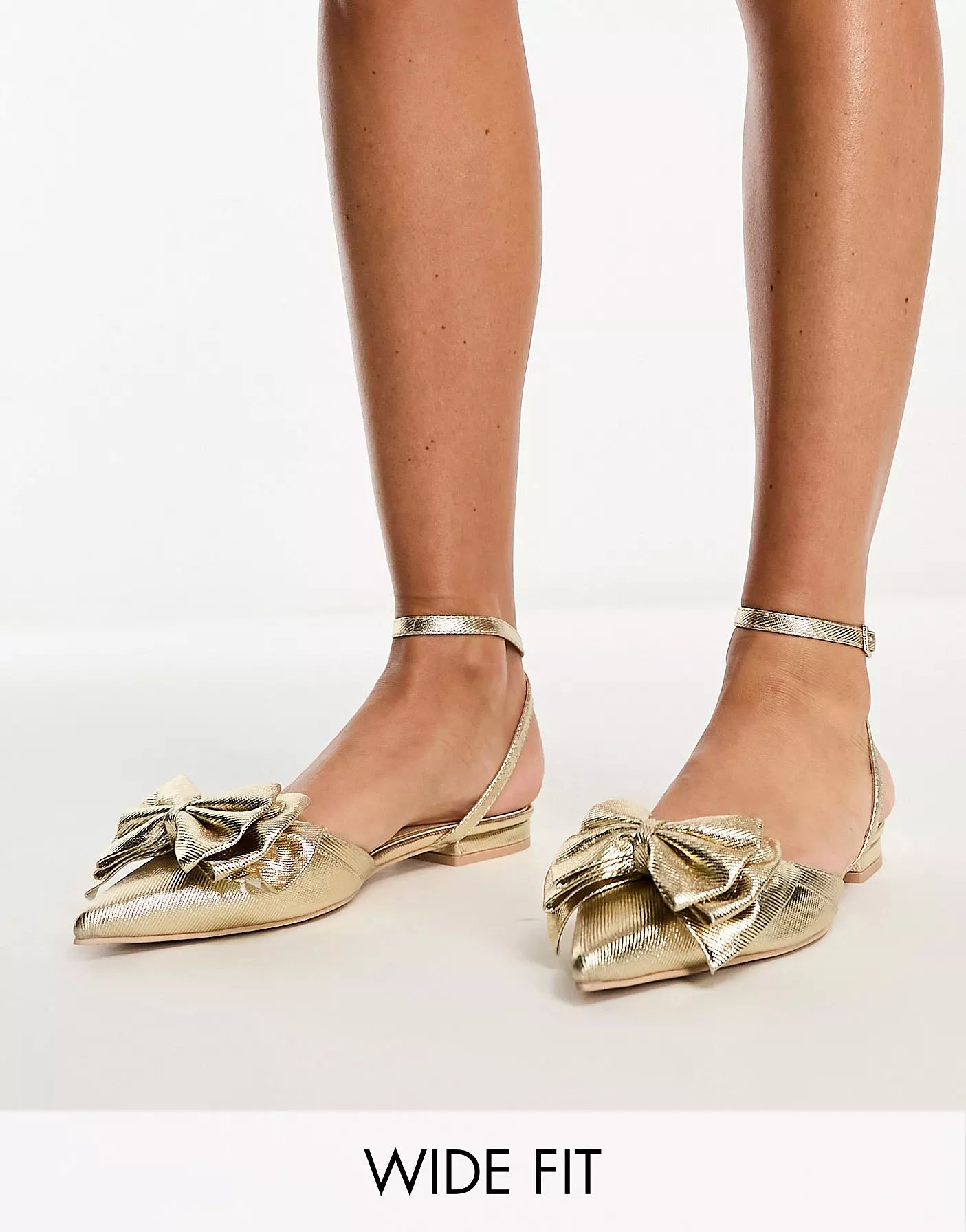 Be Mine Wide Fit Bridal Milli flat shoes with bow in metallic gold | ASOS (Global)